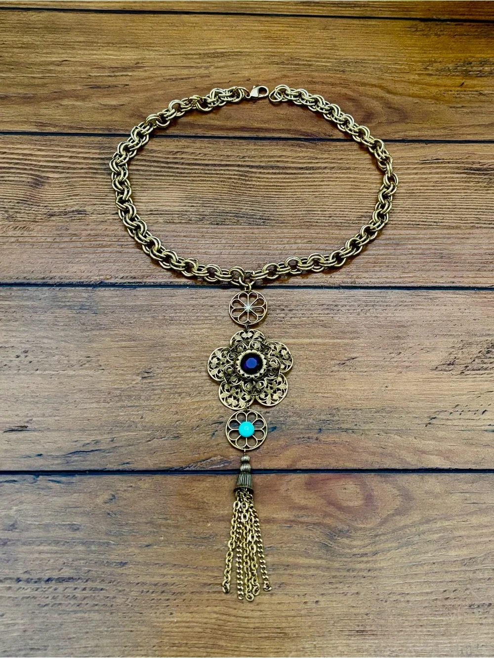 Gold-Tone Floral Filigree Pendant Necklace with Purple and Blue Accents